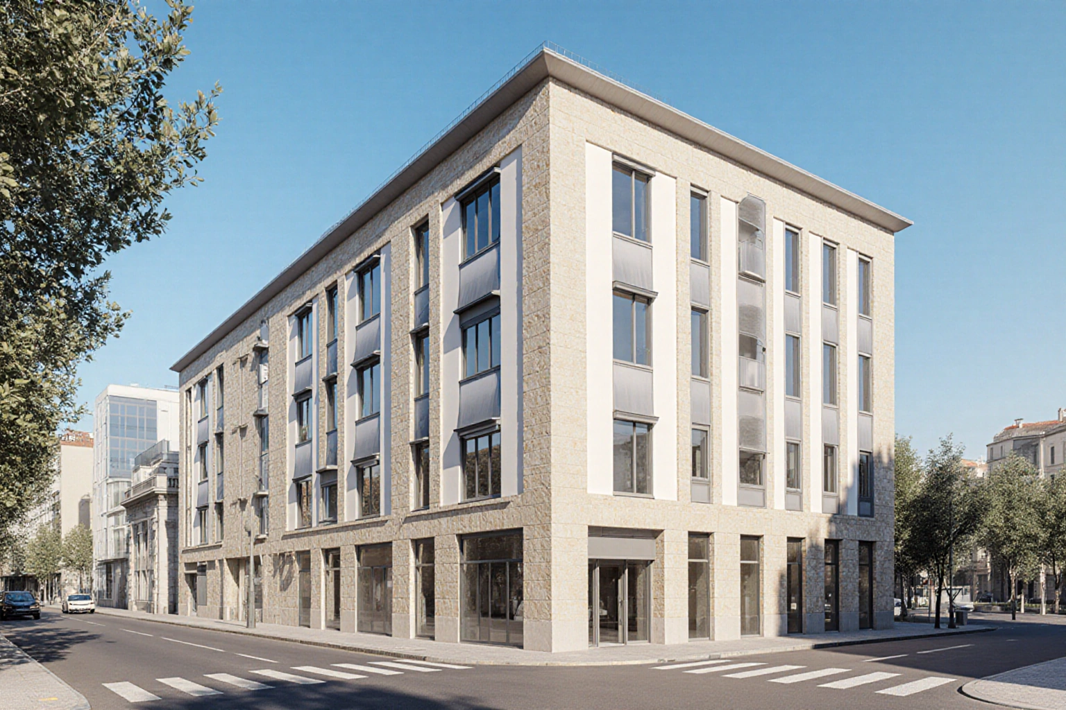 Spanish commercial building with a stone facade and solar shading on an urban street