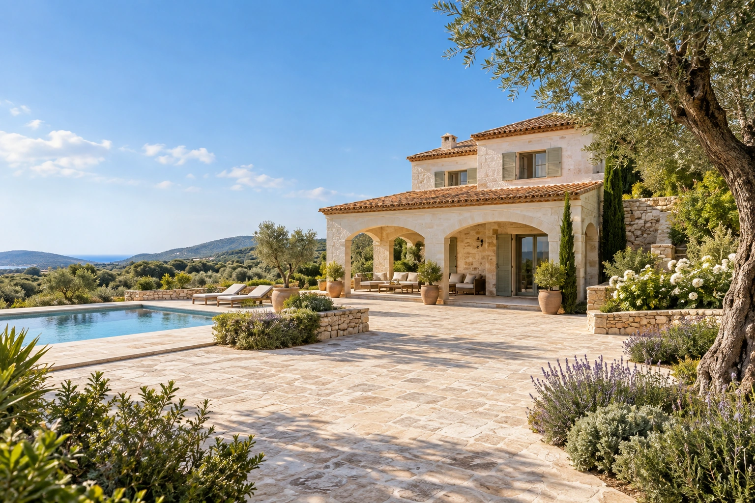 Spanish natural-stone house with a tiled roof, covered terrace and pool